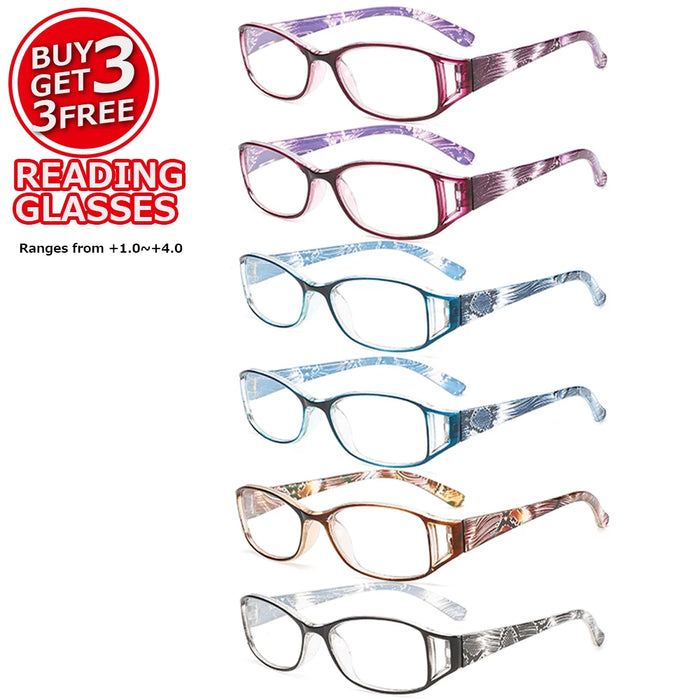6 Pairs of Women's Rectangular Small Frame Reading Glasses, Textured Printing Design, Anti Blue Light Multi-Color Portable