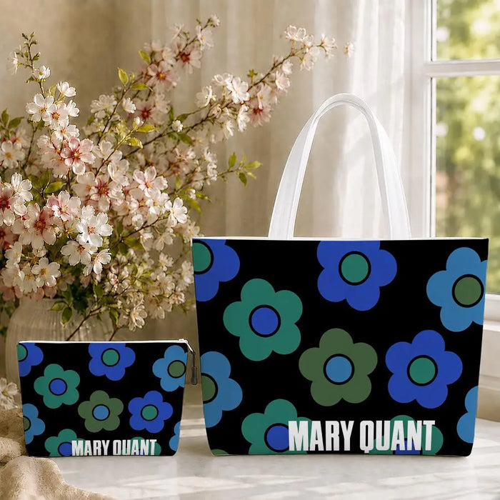 Fashion M-Mary Quant Storage Bags 2-Piece Canvas Tote Bag Set with Zipper Pouch Large Capacity Shopping Travel Bag