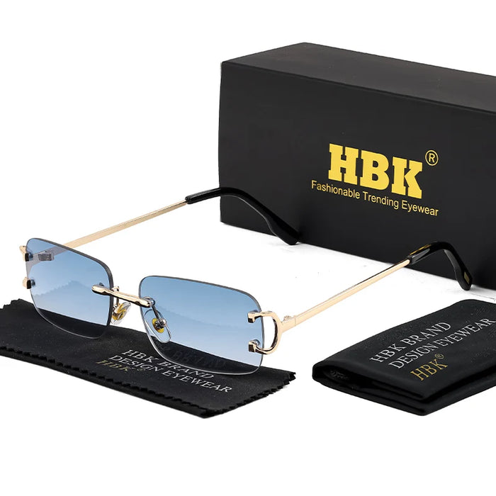 HBK Retro Rimless Small Sunglasses Women Metal Rectangle Gold Frame Brand Design Men Eyewear Driving Travel Beach Eyewear UV400