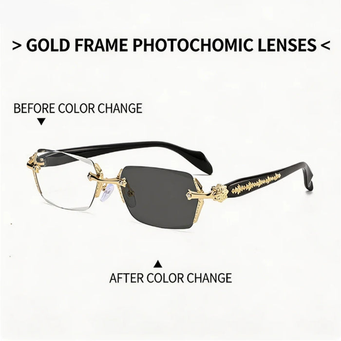 Lunettes de vue sans monture unisexe pour la myopie, avec montures en métal et verres photochromiques ; adaptées à un usage quotidien au bureau.