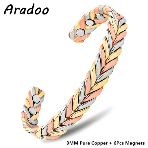 ARADOO Bracelets femme en cuivre pur, bracelet manchette tressé de thérapie magnétique 3500 Gauss, cadeau bijoux