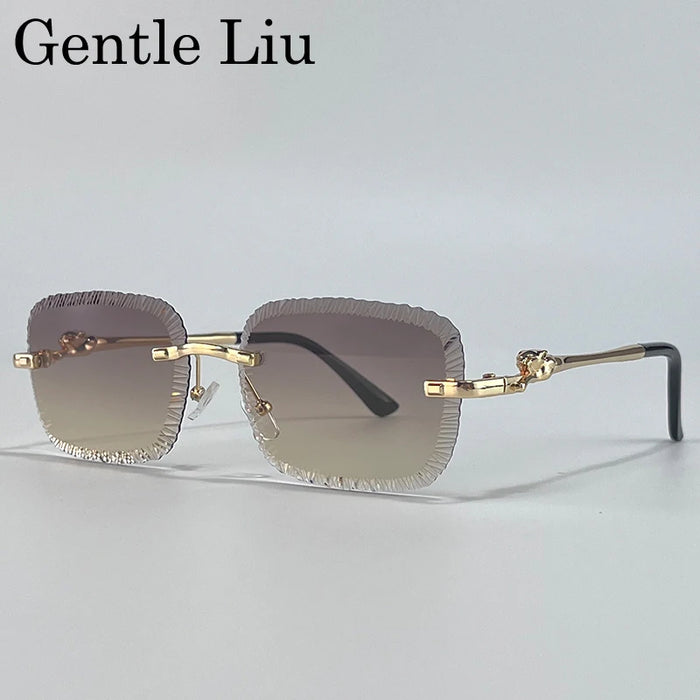 Rimless Square Sunglasses Men 2026 Luxury Brand Cut Edge Eyewear Trendy Leopard Head Sunglass For Male Punk Metal Frame Shades