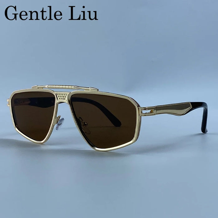 Steampunk Polygon Sunglasses Men 2026 Luxury Brand Designer Metal Frame Square Double Bridge Sun Glasses Vintage Driving Shades