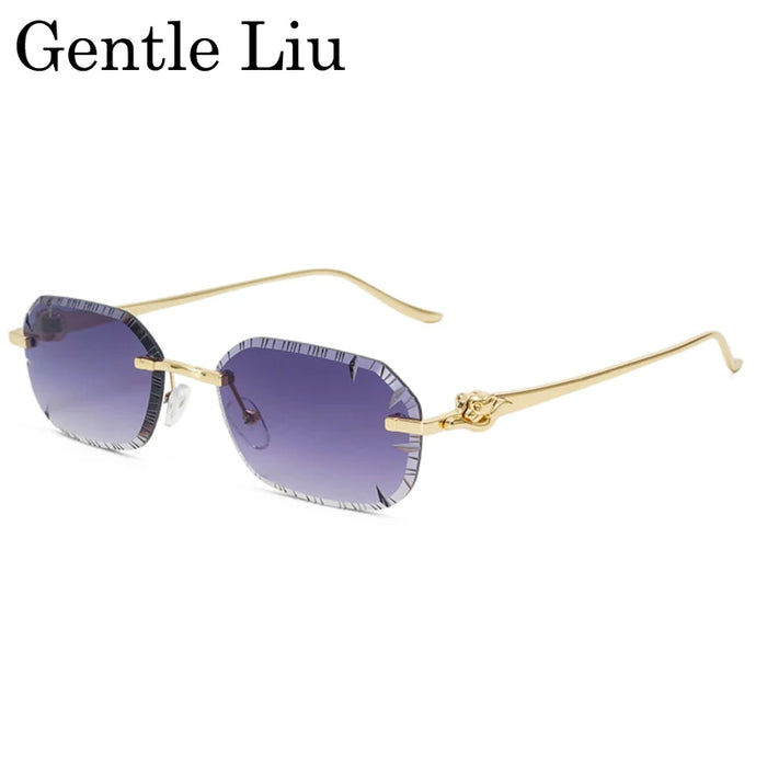 Petites lunettes de soleil rectangulaires punk sans monture homme 2026, monture léopard de luxe sans bords, verres découpés, style rétro, monture métal doré