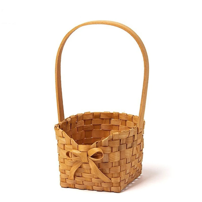 Willow Rattan Bride Flower Basket Picnic Container with Handle Bowknot Flower Basket Hand-Woven Picnic Weaving Basket