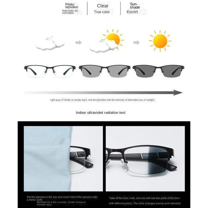 1PC Men's Business Photochromic Myopia Glasses Half Frame Metal Blue Light Blocking Eyewear Classic UV Shades Sunglasses