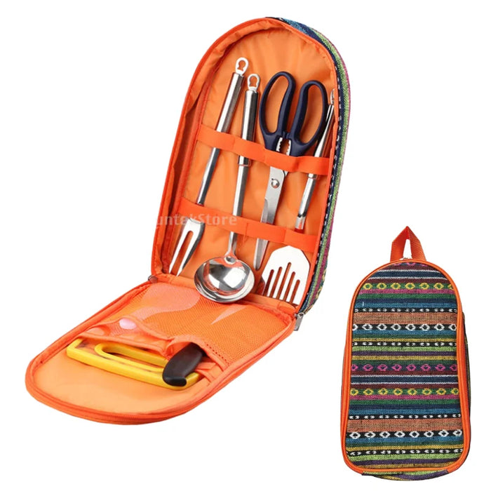 Juego de utensilios de cocina de camping de 7 piezas con bolsa de transporte para barbacoa, playa, senderismo, viajes, organizador, almacenamiento, utensilios de cocina, equipo