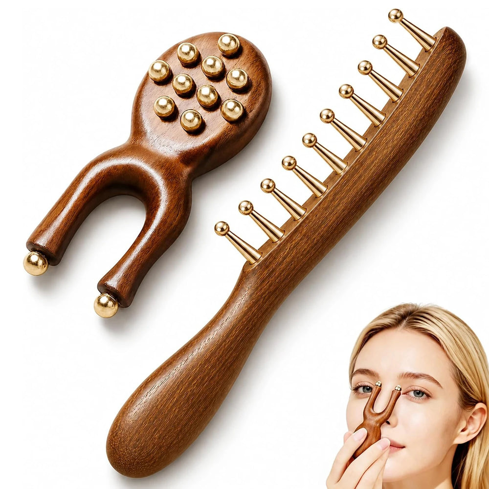 Sandalwood Copper Bead 10 Tooth Scalp Massage Comb and Acupressure Face Massager for Jaw Tension Relief Facial & Neck Relaxation
