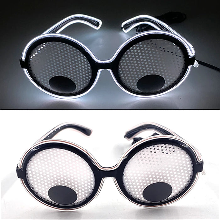 Gafas de neón con ojos móviles LED, musicales, rave, fluorescentes, para fiesta de Navidad, decoración, con montura redonda, divertidas, estilo dibujos animados.