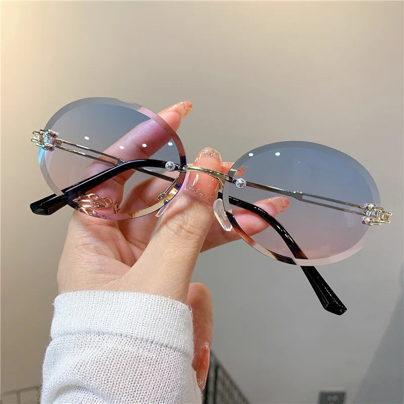 Fashion Rimless Sunglasses Women Classic Oval Cute Glasses Brand Vintage Small Rectangle Sun Glasses Female Eyewear Anti-Glare