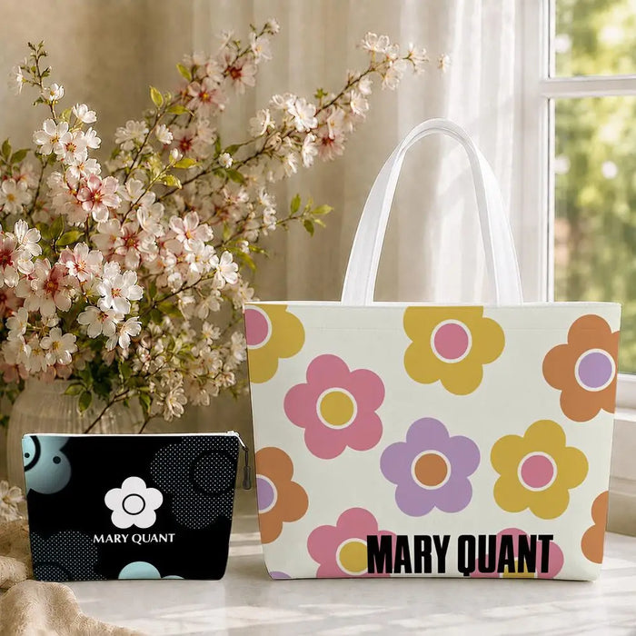 Fashion M-Mary Quant Storage Bags 2-Piece Canvas Tote Bag Set with Zipper Pouch Large Capacity Shopping Travel Bag