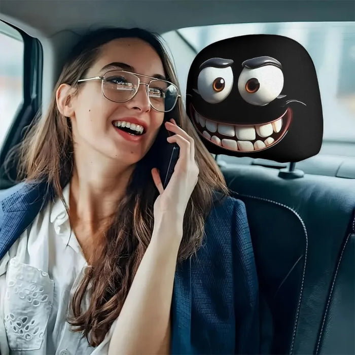 2pcs Funny Big-Eyed Cartoon Print Car Headrest Cover, Suitable For Travel And Daily Commuting,For Halloween Christmas Holiday