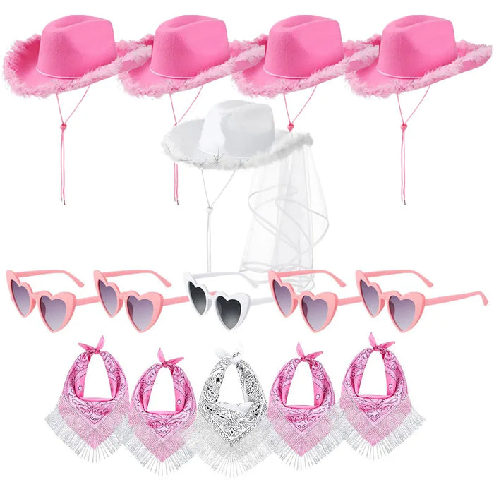 Lot de 5-12 Chapeaux de cow-girl/cowboy pour enterrement de vie de jeune fille, mariage, avec bandana en strass et lunettes en forme de cœur pour une dernière soirée disco