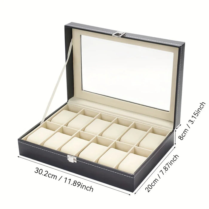Estuche expositor de relojes de cuero sintético con 12 ranuras, organizador de relojes de 1 pieza con cerradura y almohadas extraíbles para hombres, regalo de viaje