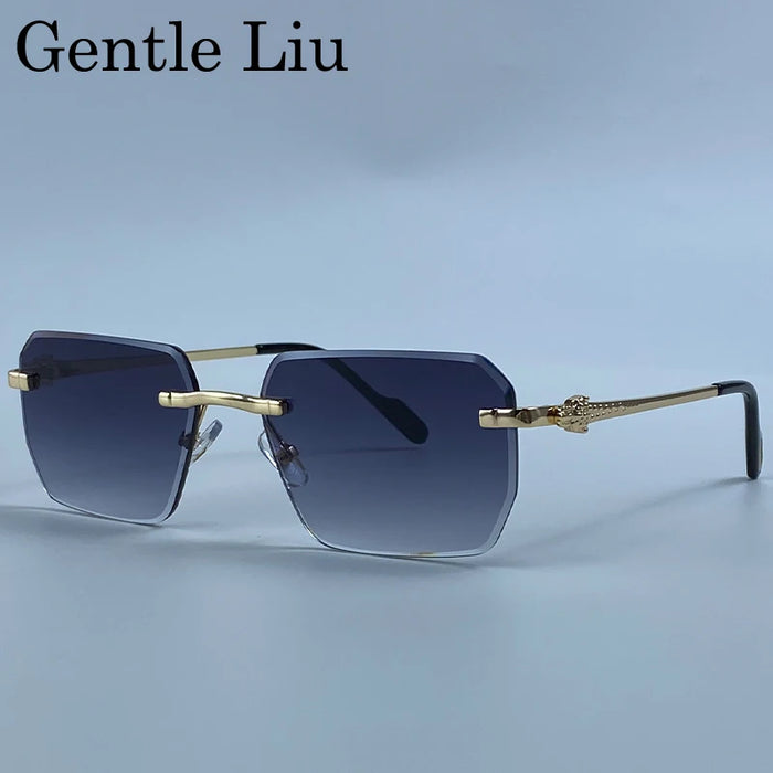 Y2K Rimless Square Sunglasses Men 2026 Luxury Vintage Punk Sun Glasses Hip Hop Metal Frame Steampunk Shades Leopard Head Eyewear