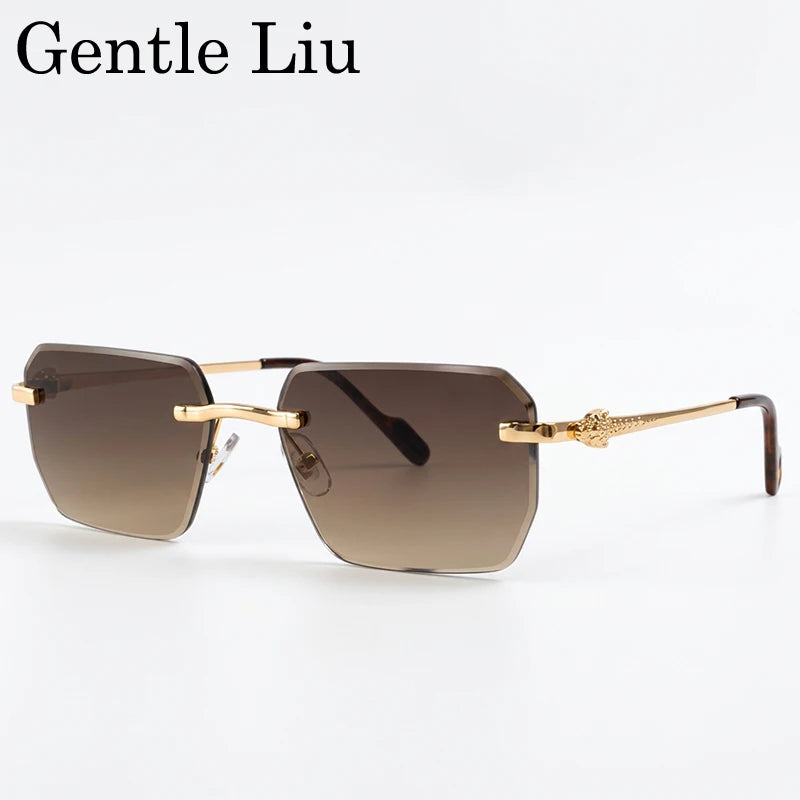 Y2K Rimless Square Sunglasses Men 2026 Luxury Vintage Punk Sun Glasses Hip Hop Metal Frame Steampunk Shades Leopard Head Eyewear