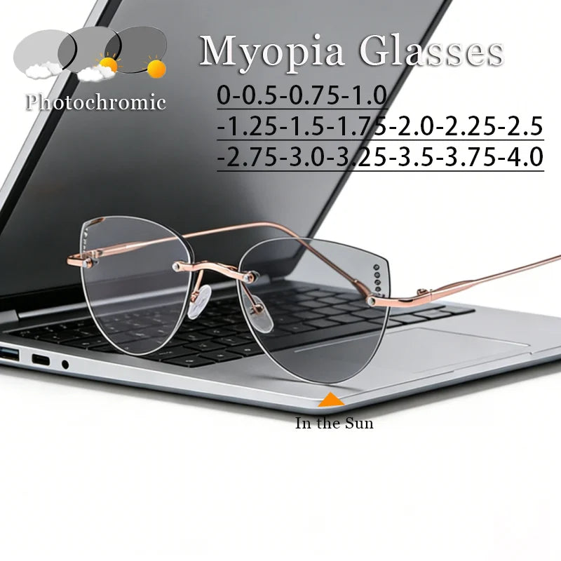 Ultralight Women's Frameless Photochromic Myopia Glasses Fashion Cat-Eye Anti-blue Light Eyewear Unisex Minus Diopter Eyewear