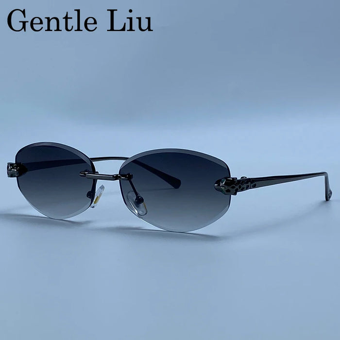 Rimless Leopard Head Sunglasses Men Luxury Designer Vintage Small Oval Sun Glasses Male Metal Frame Eyewear Retro Driving Shades