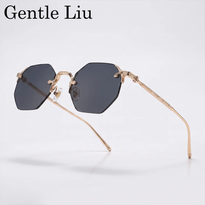 Vintage Rimless Octagon Sunglasses Men 2026 Luxury Designer Steampunk Gold Metal Frame Sun Glasses Retro Hip Hop Frameless Shade