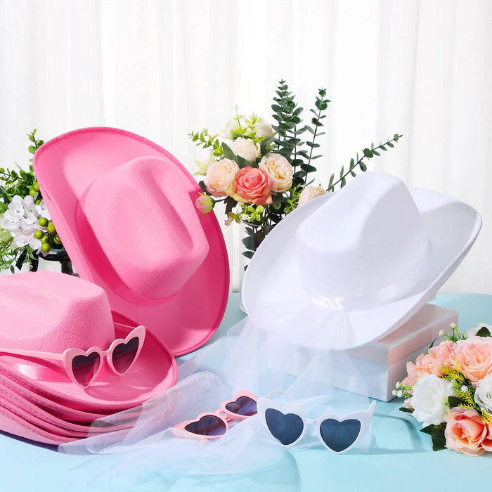 Lot de 5-12 Chapeaux de cow-girl/cowboy pour enterrement de vie de jeune fille, mariage, avec bandana en strass et lunettes en forme de cœur pour une dernière soirée disco