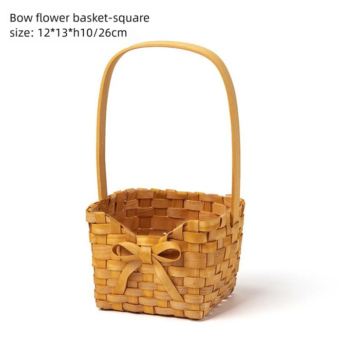 Willow Rattan Bride Flower Basket Picnic Container with Handle Bowknot Flower Basket Hand-Woven Picnic Weaving Basket