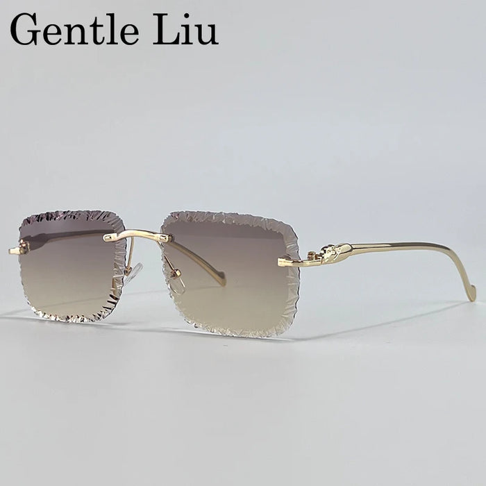 Gafas de sol de moda cuadradas sin montura estilo punk para hombre 2025 de marca de lujo con borde cortado sin marco gafas de sol para hombre con cabeza de leopardo