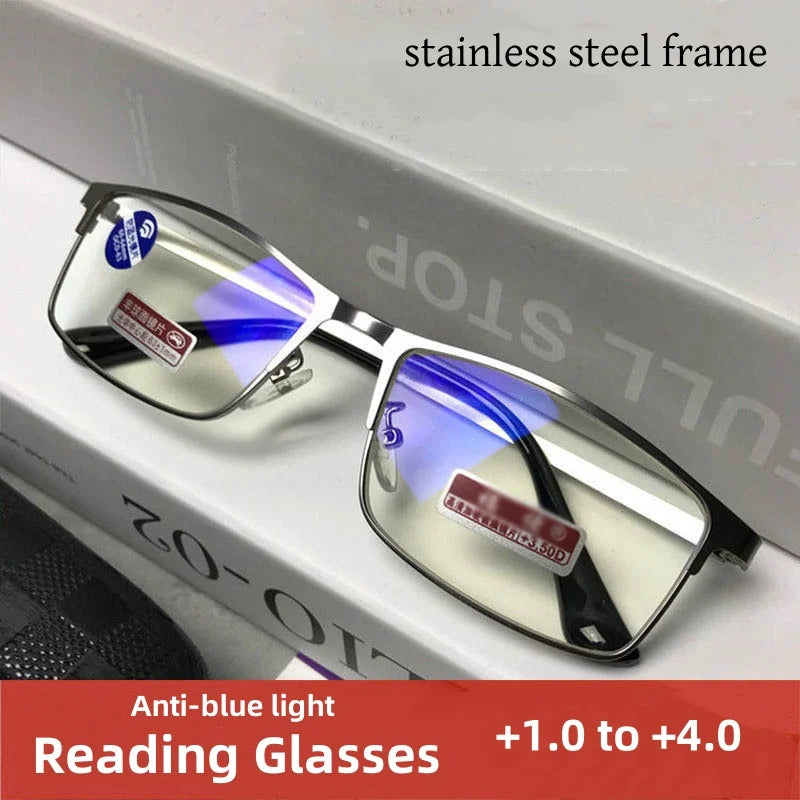 Stainless Steel Men Business Reading Glasses for Reader Mens Blue Light Blocking Presbyopia Optical Eyeglasses +1.0 1.5 2.0 2.5