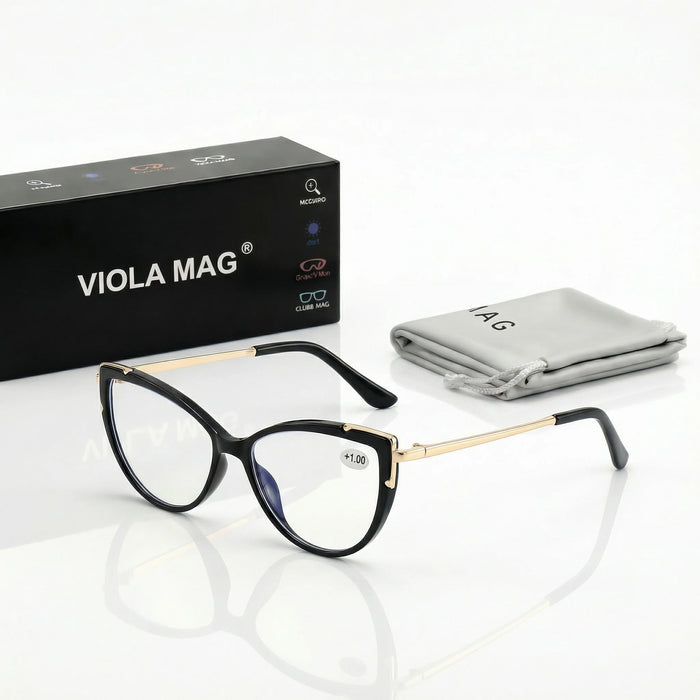 VIOLA MAG Lunettes de lecture œil de chat vintage, Lunettes anti-lumière bleue en métal, Quotidien femme, Pochette à lunettes