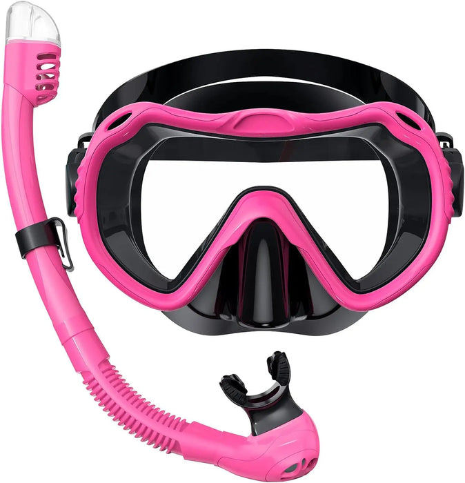 Dry Top Anti-Leak Snorkel Set, Adult Anti-Fog Tempered Glass Mask SoftSiliconeSnorkelTubeforOceanSnorkelingSwimmingBeachVacation