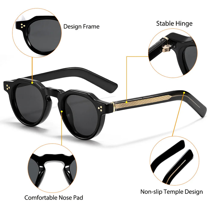 HBK Retro Small Round Men Sunglasses High-Quality Thick Style Women Outdoor Travel Business Driving Decorative Glasses UV400