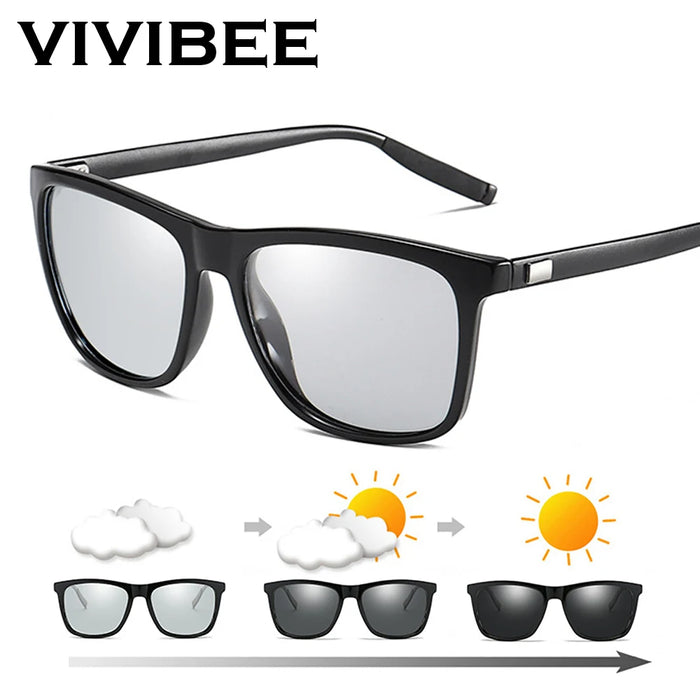 VIVIBEE Gafas de sol polarizadas fotocromáticas de cambio de color, montura gris para hombre, cuadradas clásicas, lentes de transición camaleónicas