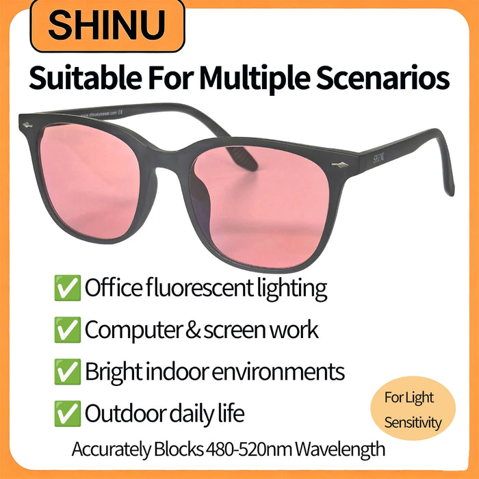 SHINU Women FL-41 Glasses FL41 Tint Glasses man, 480-520nm Blue Light Blocking Lenses Office Fluorescent Light Migraine Eyewear