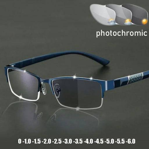 Business Men's Photochromic Myopia Glasses Unisex Half Frame Square Near Sight Eyeglasses Optical Prescription Minus Eyewear