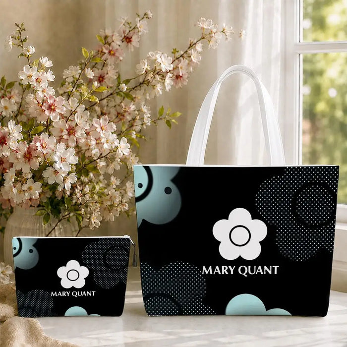 Fashion M-Mary Quant Storage Bags 2-Piece Canvas Tote Bag Set with Zipper Pouch Large Capacity Shopping Travel Bag
