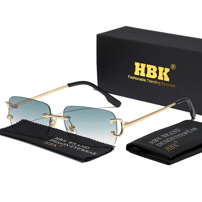 HBK Retro Rimless Small Sunglasses Women Metal Rectangle Gold Frame Brand Design Men Eyewear Driving Travel Beach Eyewear UV400