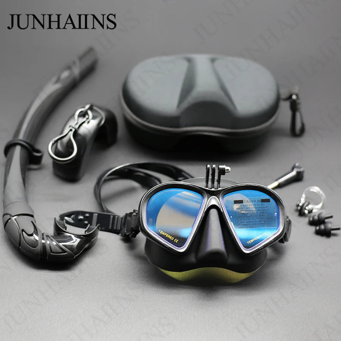 Wet Low Volume Diving Mask Tempered Glass Freedive Mask J-type Diving Mask Snorkel Set with Camera Mount Black