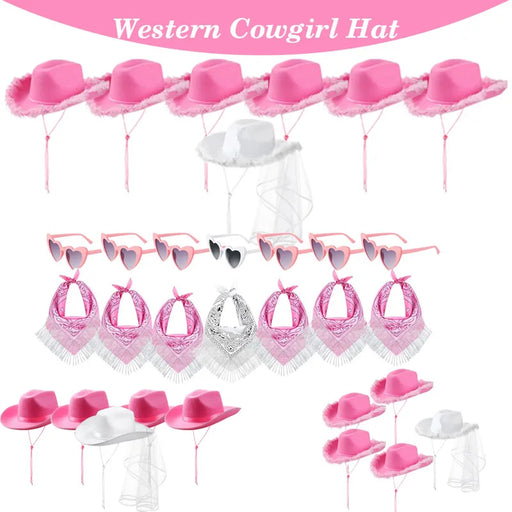 Lot de 5-12 Chapeaux de cow-girl/cowboy pour enterrement de vie de jeune fille, mariage, avec bandana en strass et lunettes en forme de cœur pour une dernière soirée disco