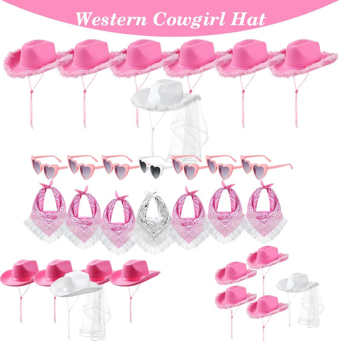 Lot de 5-12 Chapeaux de cow-girl/cowboy pour enterrement de vie de jeune fille, mariage, avec bandana en strass et lunettes en forme de cœur pour une dernière soirée disco