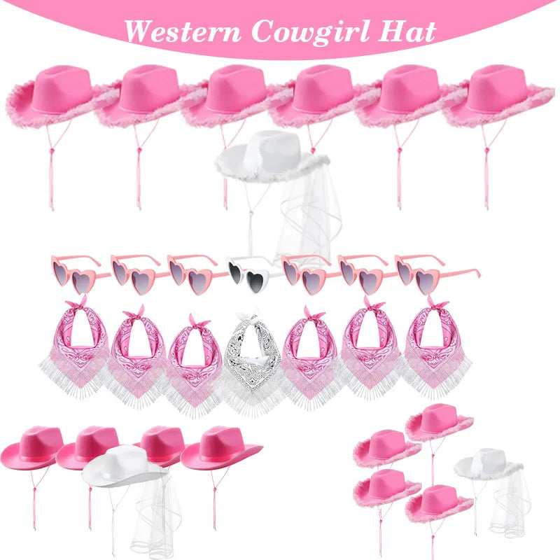Lot de 5-12 Chapeaux de cow-girl/cowboy pour enterrement de vie de jeune fille, mariage, avec bandana en strass et lunettes en forme de cœur pour une dernière soirée disco