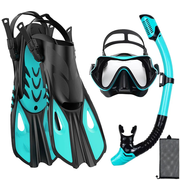 Mask Fin Snorkel Set Snorkel Gear for Adult Panoramic View Snorkel Mask Adjustable Dive Flipper Dry Top Snorkel and Travel Bag