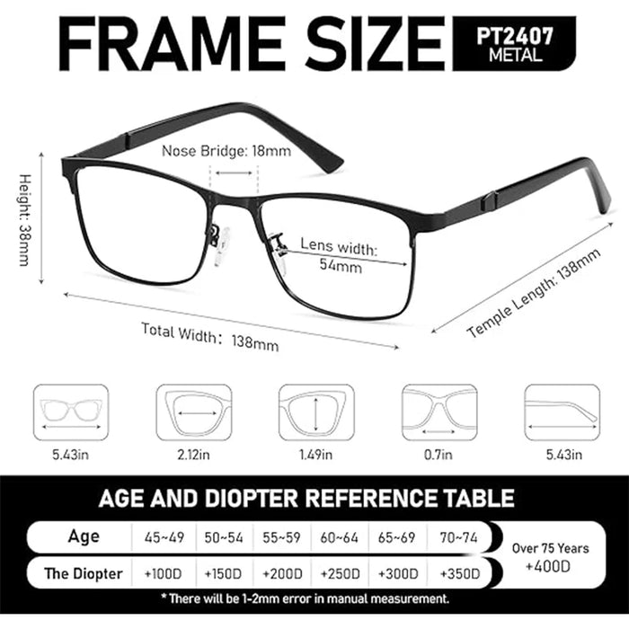 Reading Glasses Men Photochromic Blue Light Blocking Readers Wide Frame Style Metal Frame Tinted Eyeglasses