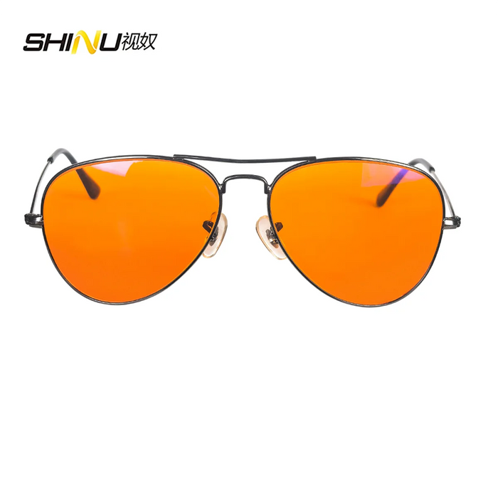 SHINU Gafas con lentes de bloqueo de luz azul para hombre, lentes naranjas, filtro de luz azul, mejor sueño y descanso, montura de metal