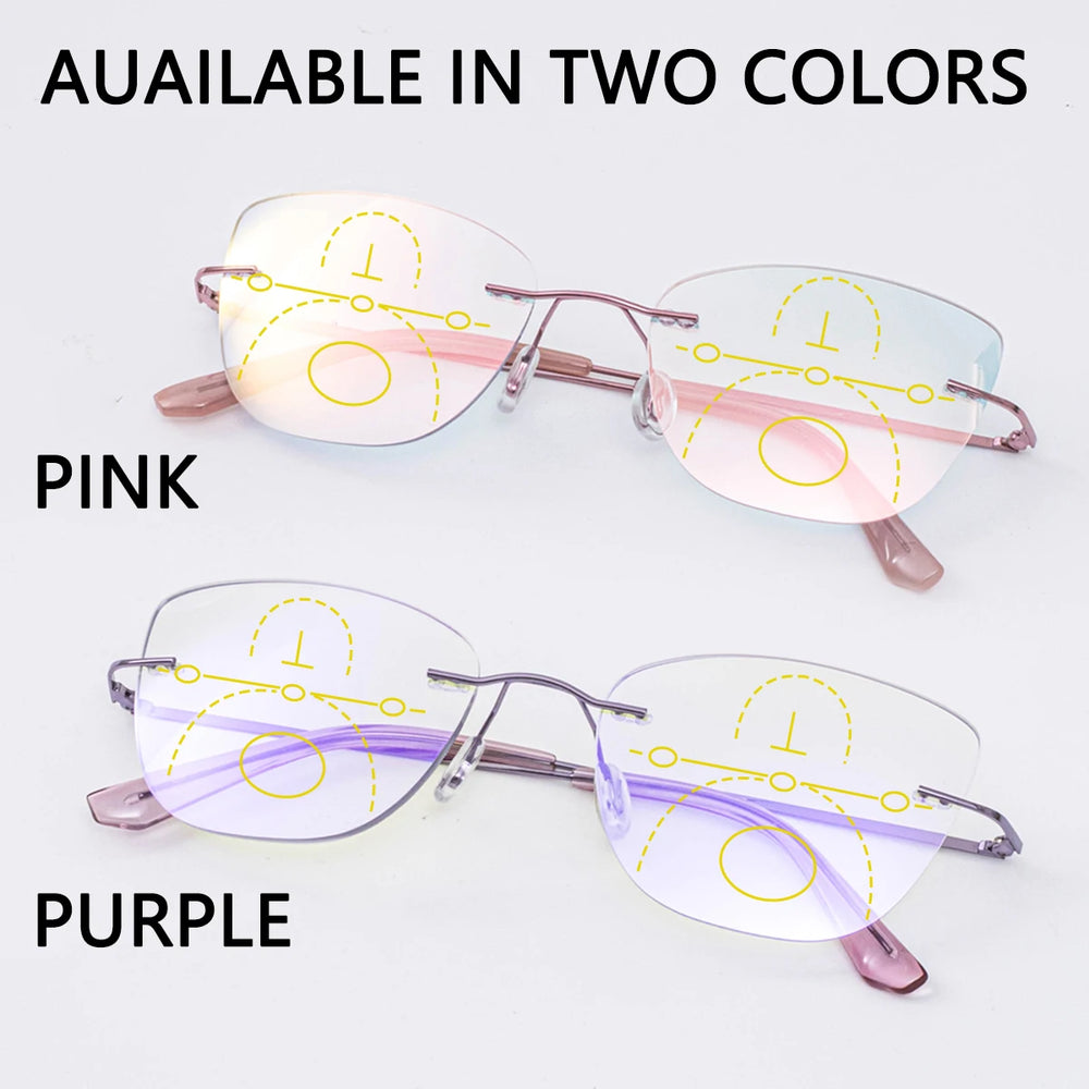 Gafas de lectura multifocales progresivas para mujer sin montura, antiluz azul, presbicia, gafas de lujo con corte de borde morado y rosa