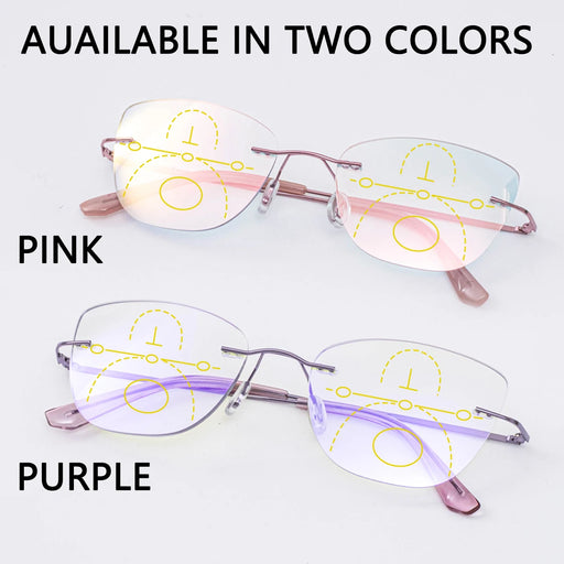 Gafas de lectura multifocales progresivas para mujer sin montura, antiluz azul, presbicia, gafas de lujo con corte de borde morado y rosa
