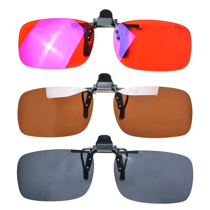 Antilentes de luz azul con clip Lentes rojos con clip para dormir mejor Lente naranja con clip para jugar o trabajar Lente amarilla polarizada para conducir