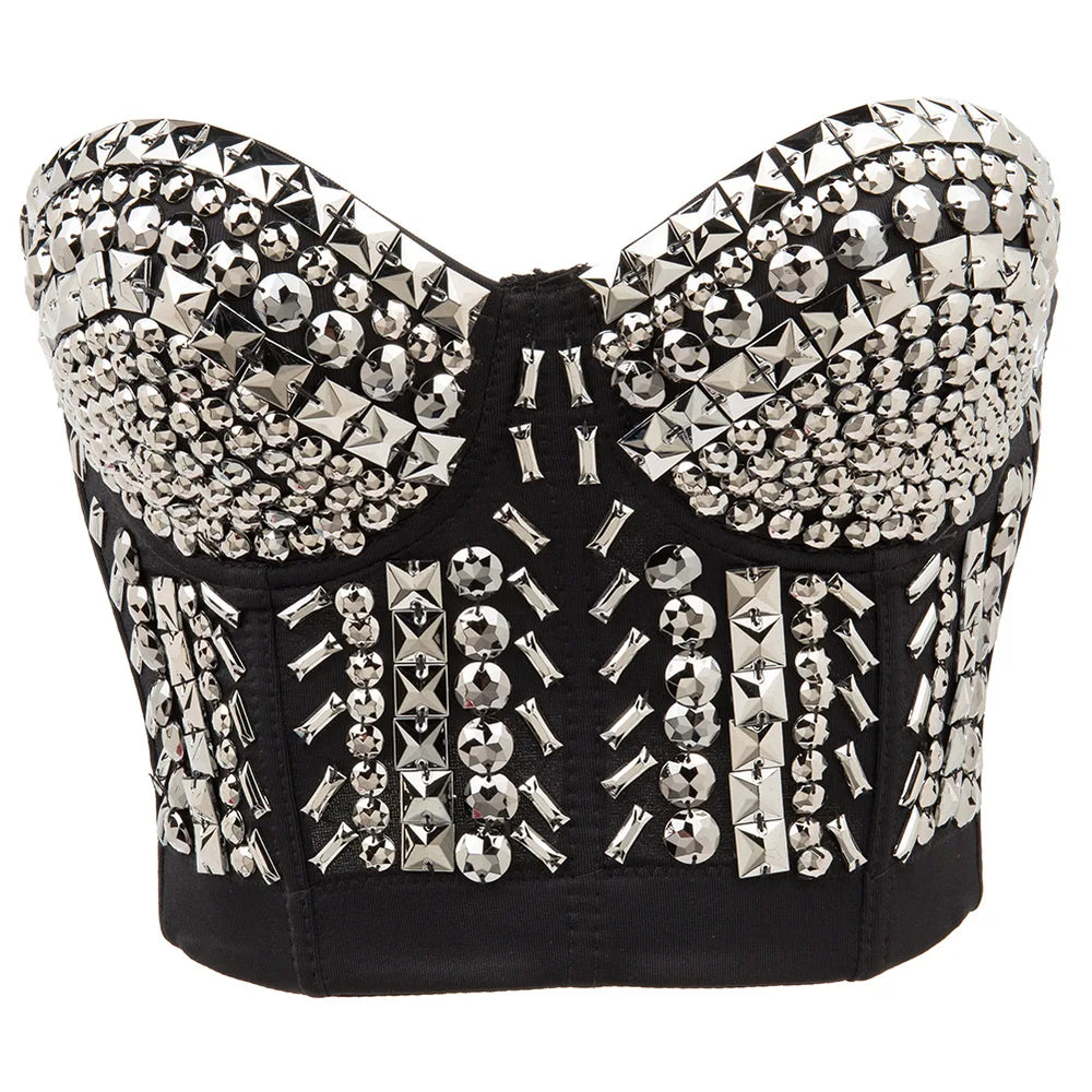 Soutien-gorge sexy de luxe avec perles grises pour femme, haut de punk rock, bralette y2k, push-up, sous-vêtement, club de danse, soutien-gorge avec bretelles