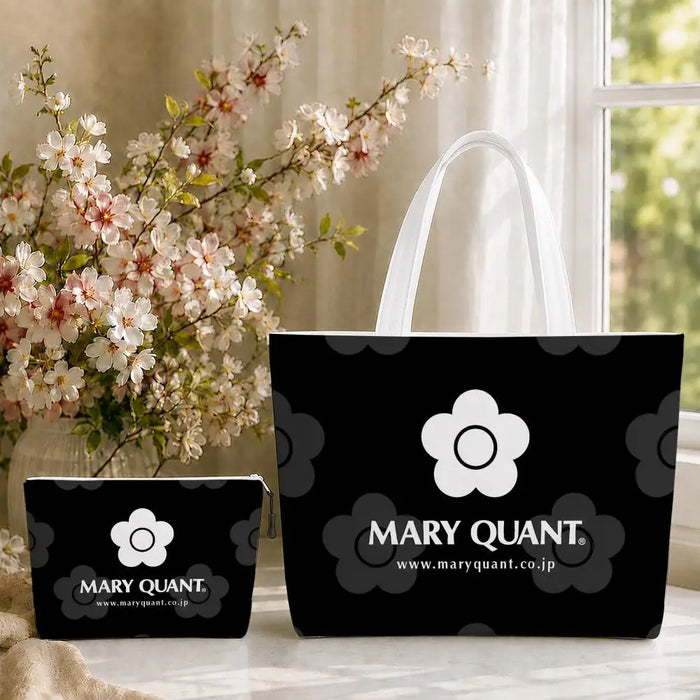 Fashion M-Mary Quant Storage Bags 2-Piece Canvas Tote Bag Set with Zipper Pouch Large Capacity Shopping Travel Bag