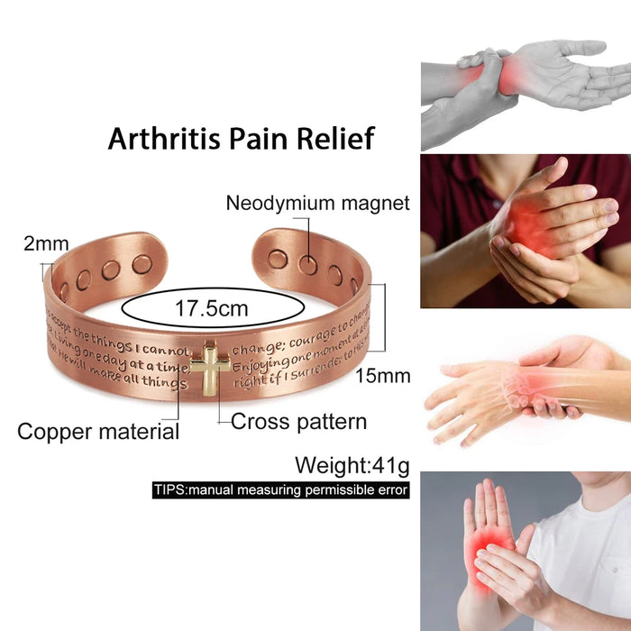 Pure Copper Bracelets for Men Cross Bible Adjustable Cuff Magnetic Bangles 15mm Arthritis Health High Magnet Jewelry Resizable