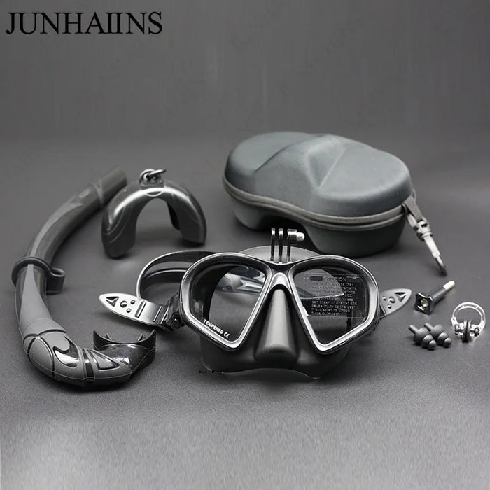 Wet Low Volume Diving Mask Tempered Glass Freedive Mask J-type Diving Mask Snorkel Set with Camera Mount Black