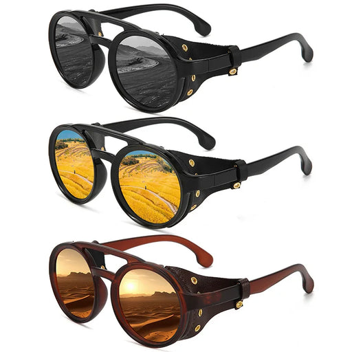 Lunettes de soleil rétro hommes femmes, lunettes rondes en cuir, lunettes vintage coupe-vent pour sports de plein air, protection UV440
